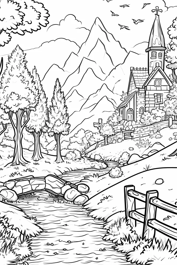Countryside church landscape with mountains and river, sketch line art style — free printable countryside coloring book page