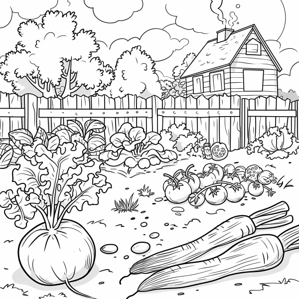 Vegetable garden with turnip, carrots — free printable farm coloring book page