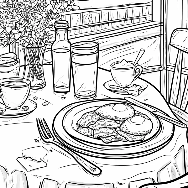 Table dining scene with fried eggs and cooked meat on plate, realistic line art style — free printable daily life coloring book page