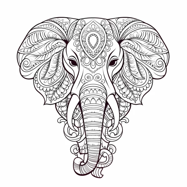 Mandala-style elephant head, indian folk art aesthetic — free printable indian culture coloring book page