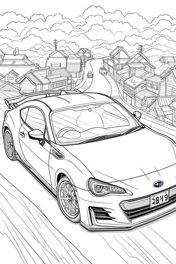 Coloring book page, subaru sports car in a japanese town — free printable town life coloring book page