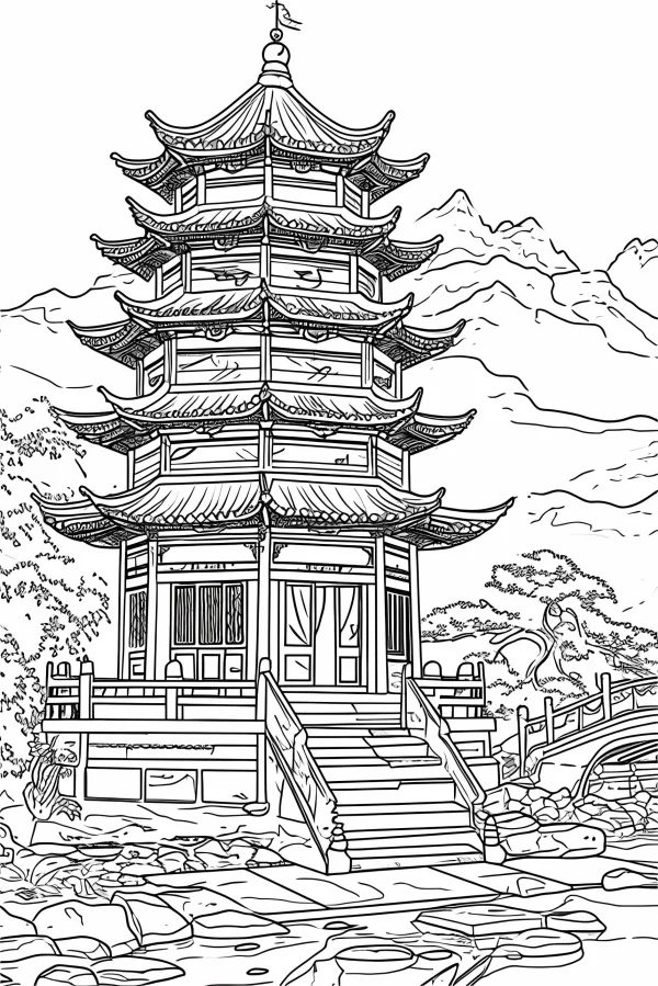 Chinese ancient pagoda, chinese style — free printable ancient architecture coloring book page