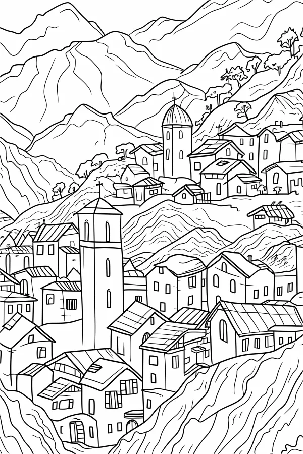 Mountain village with houses and towers, realistic line art style — free printable country town coloring book page