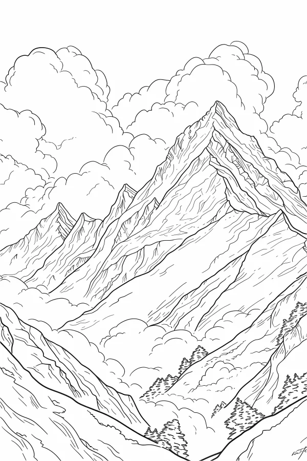 Alpine mountain range, realistic style — free printable mountains and rivers coloring book page