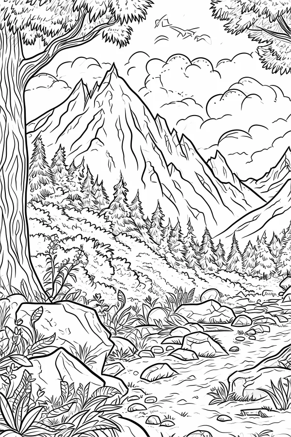 Mountain forest rock natural landscape, realistic line art style — free printable mountains and rivers coloring book page