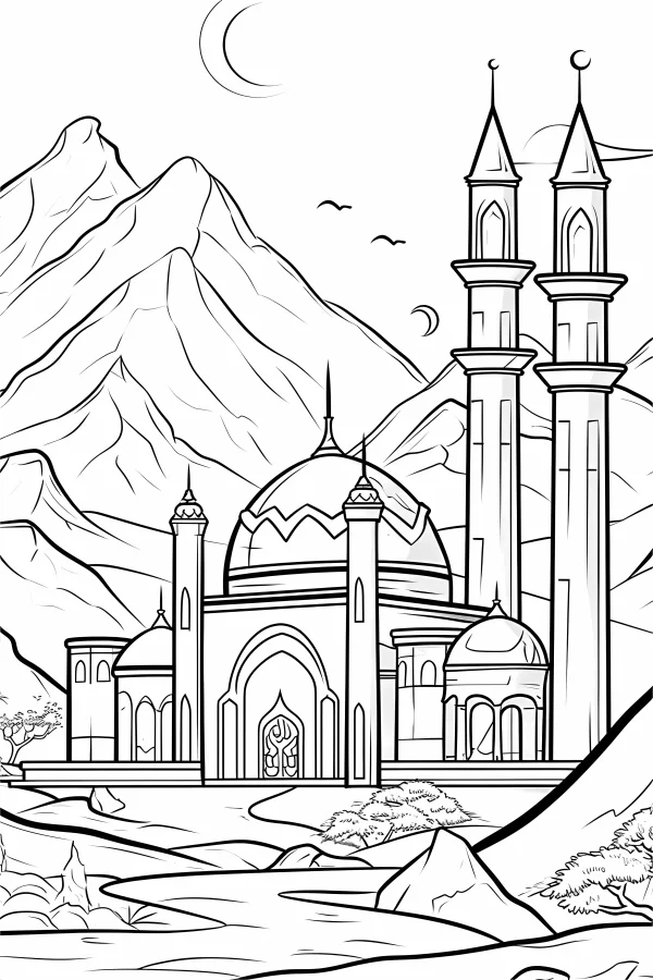 Mosque in mountain landscape, realistic illustration style — free printable middle eastern culture coloring book page