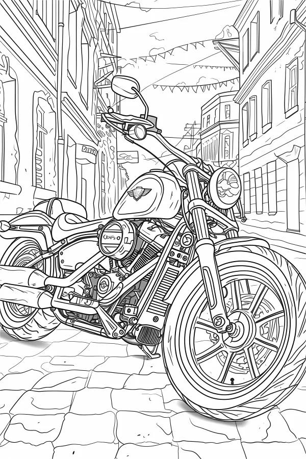 Coloring book page, realistic cruiser motorcycle on a cobblestone city street — free printable city life coloring book page