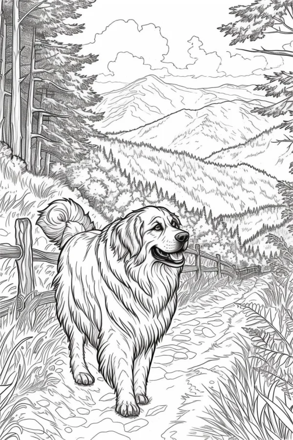 Realistic golden retriever walking on a mountain forest path, surrounded by pine trees — free printable hiking coloring book page