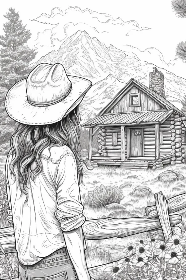 Back view of cowgirl with cowboy hat, rustic log cabin in mountain pine forest landscape — free printable outdoor coloring book page