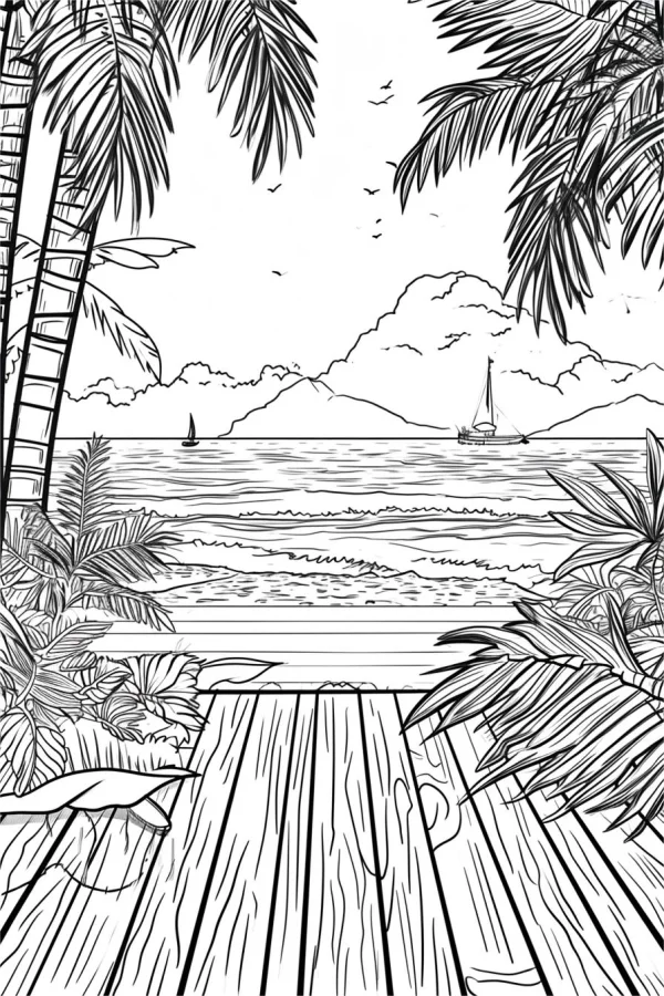 Seaside dock landscape with palm trees, realistic line art style — free printable summer coloring book page
