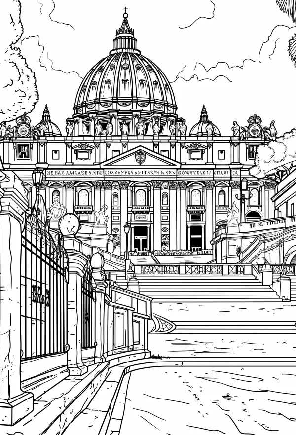 St. peter's basilica, realistic european architectural line art — free printable scenery coloring book page