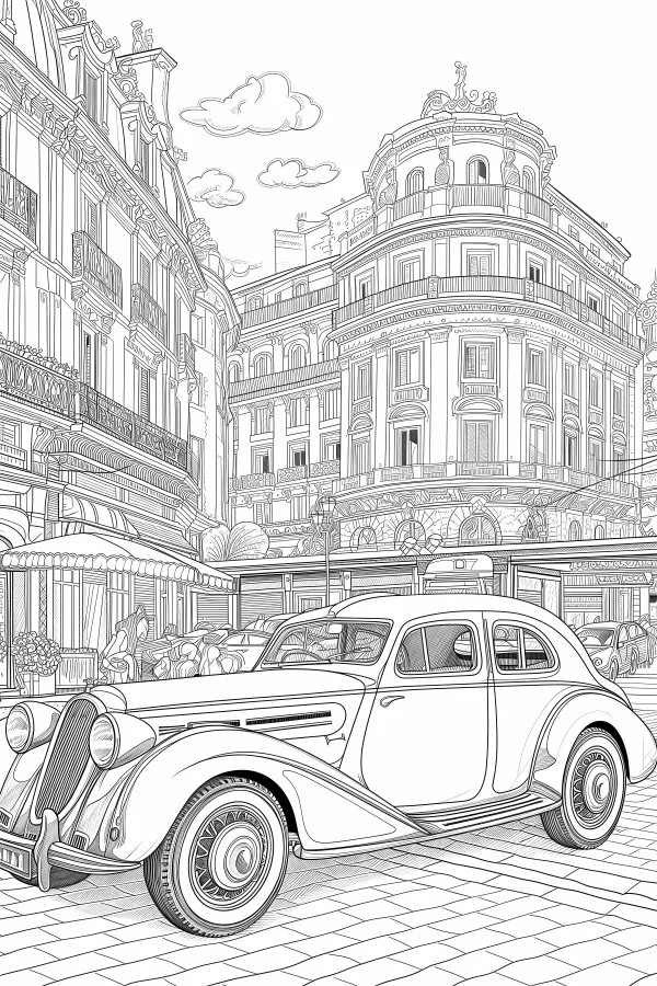 Vintage sedan on european city street, retro realistic style — free printable urban scenery coloring book page
