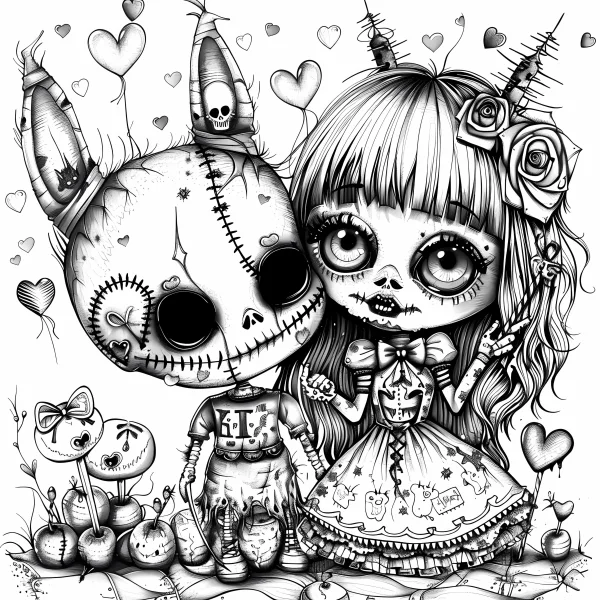 Zombie girl with stitched rabbit doll, gothic cartoon style — free printable dark coloring book page