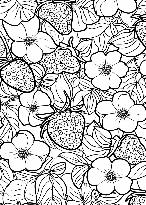 Strawberries and floral plants, cartoon style — free printable fruit coloring book page