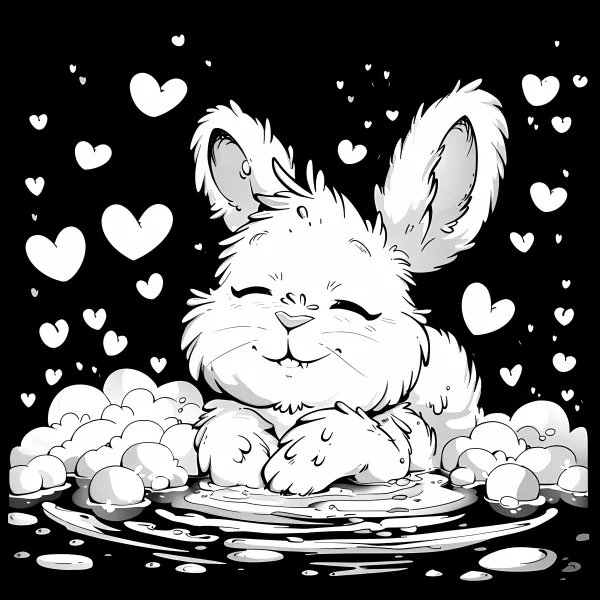 Cute bunny taking a bath with bubbles, cartoon style — free printable romance coloring book page