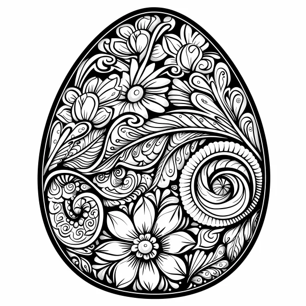 Easter egg decorated with zentangle-style flowers and vines, zentangle art — free printable zendoodle coloring book page