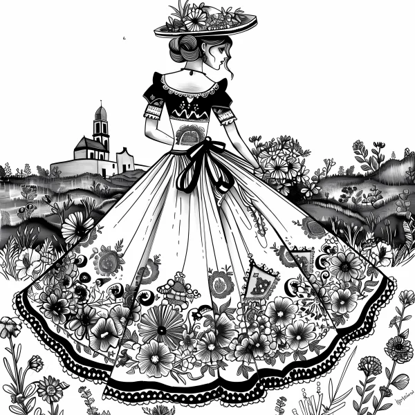 Woman in folk floral long dress with decorated wide-brimmed hat, art nouveau style — free printable pastoral coloring book page