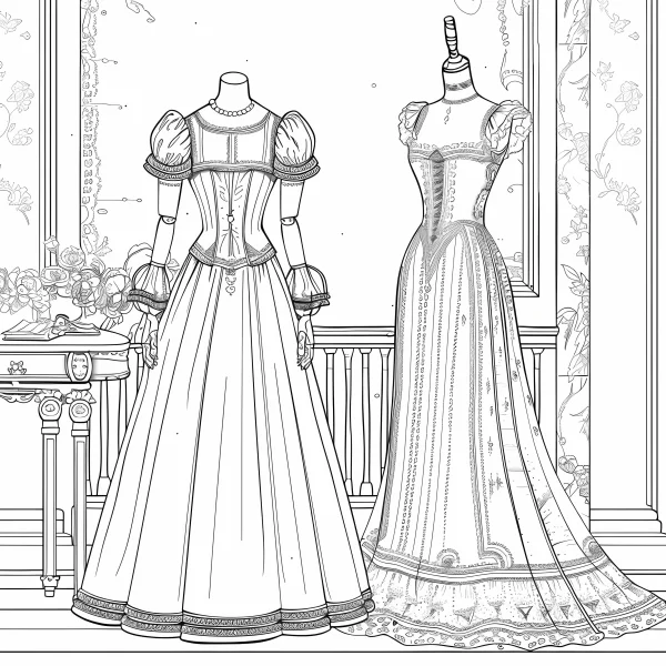 Two vintage court gowns on dress forms, retro palace style — free printable clothing coloring book page