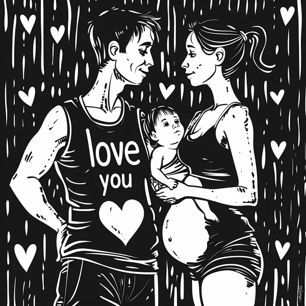 Pregnant couple holding a young child, sketch style — free printable parent-child coloring book page