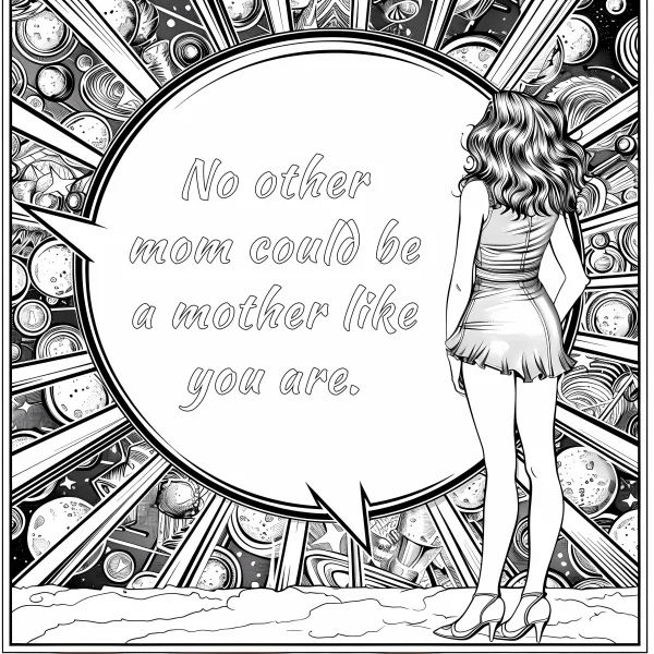 Back-facing curly-haired woman in dress and high heels, comic style — free printable universe coloring book page