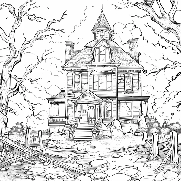 Creepy abandoned old house, horror realistic style — free printable abandoned buildings coloring book page