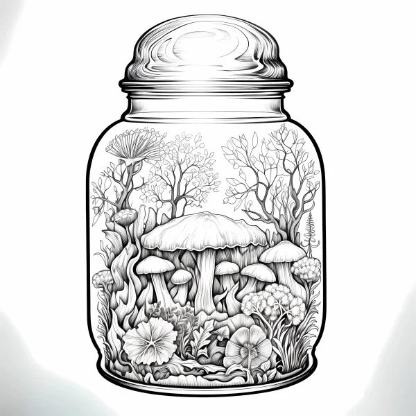 Glass jar terrarium with mushrooms, flowers — free printable miniature landscape coloring book page