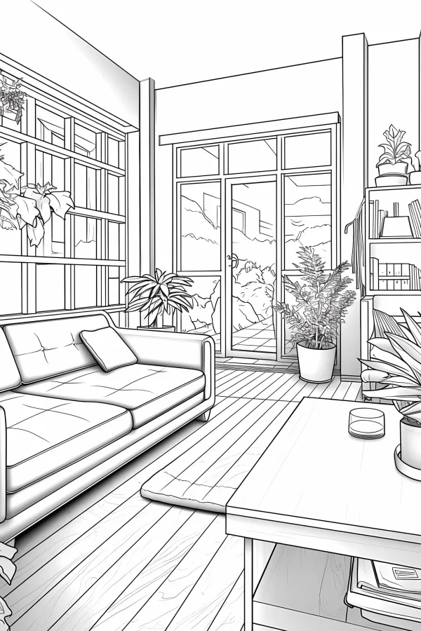 Cozy indoor living room scene, realistic line art style — free printable indoor scene coloring book page