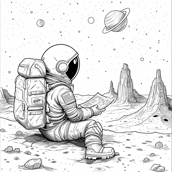 Astronaut sitting on alien planet surface, sci-fi style — free printable astronaut coloring book page