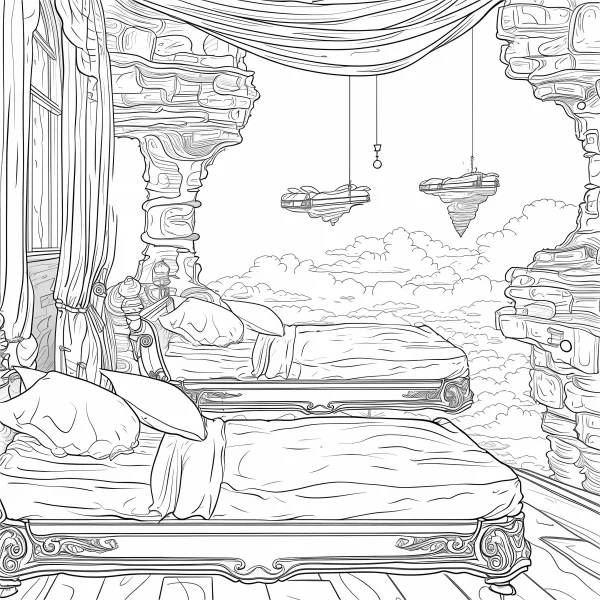 Vintage floating bedroom in the sky, fantasy style — free printable life scenes coloring book page