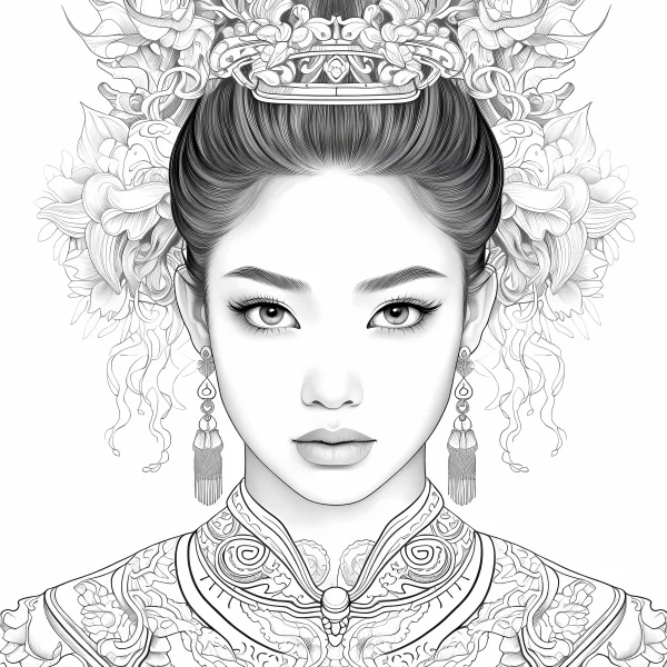 Chinese court-style woman with elaborate floral headdress and traditional cloud-patterned clothing, chinese style — free printable court coloring book page