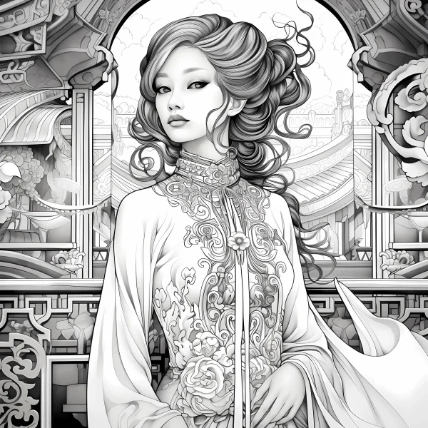 Elegant woman in traditional chinese clothing with curly hair, chinese classical style — free printable classical scene coloring book page