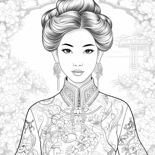Chinese classical woman with traditional updo and dangling earrings, chinese style — free printable traditional architecture coloring book page