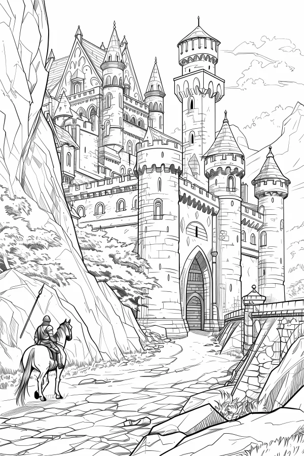 Medieval castle with knight on horseback, european medieval style — free printable medieval coloring book page