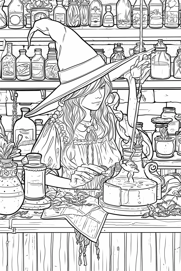 Witch making potions in a magic laboratory, fantasy illustration style — free printable witch coloring book page