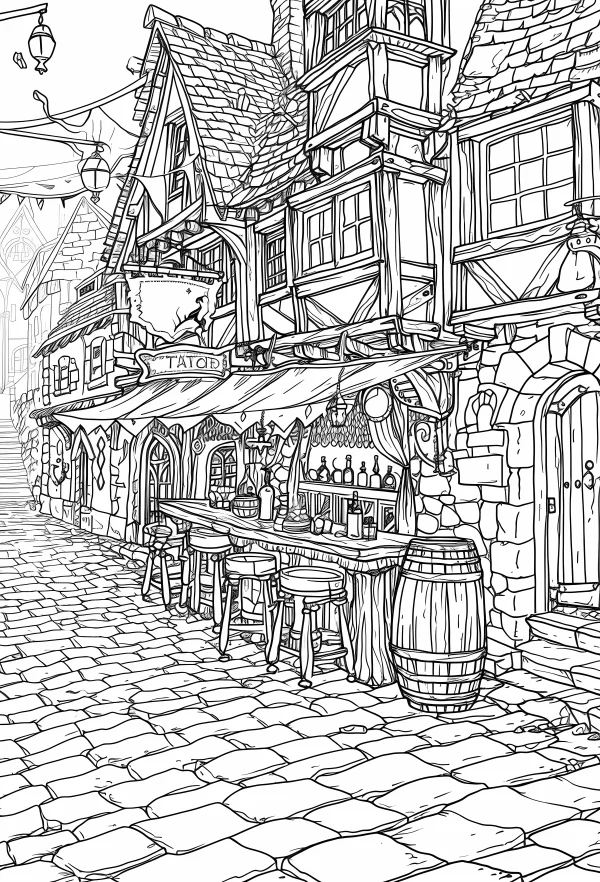 Coloring book page, medieval town tavern street with cobblestone road — free printable medieval coloring book page