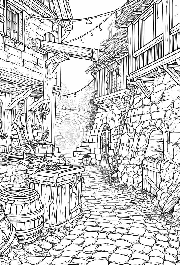 Medieval town street scene, vintage fantasy style — free printable town coloring book page
