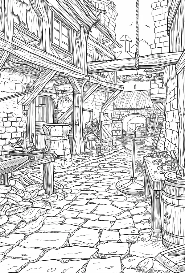 Medieval town artisan workshop, vintage sketch style — free printable medieval coloring book page