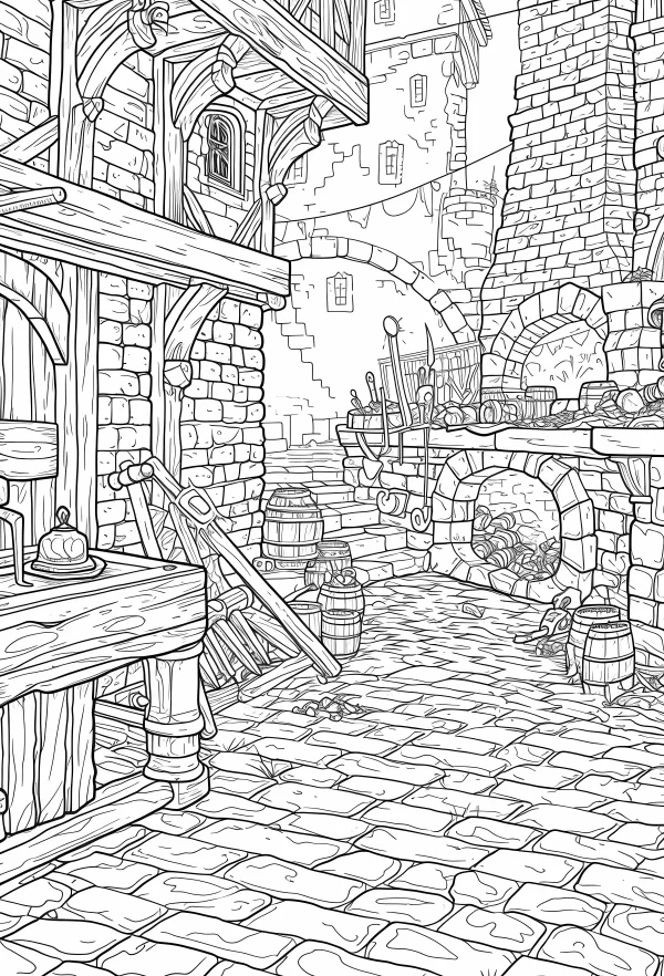 Medieval castle alley, vintage fantasy style — free printable medieval coloring book page