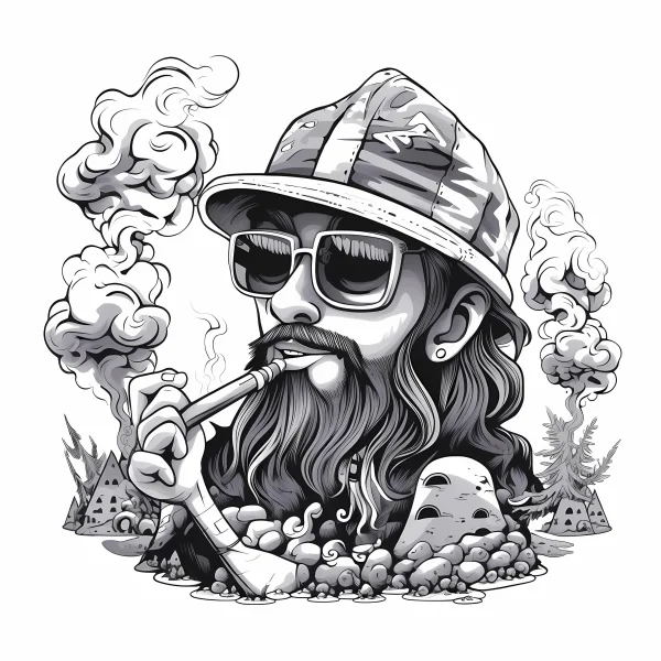 Coloring book page, cool bearded man in camo cap and sunglasses holding a smoking pipe — free printable street culture coloring book page