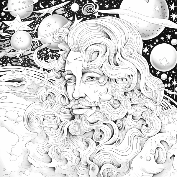 Curly-haired bearded mythological figure, fantasy and sci-fi style — free printable starry sky coloring book page