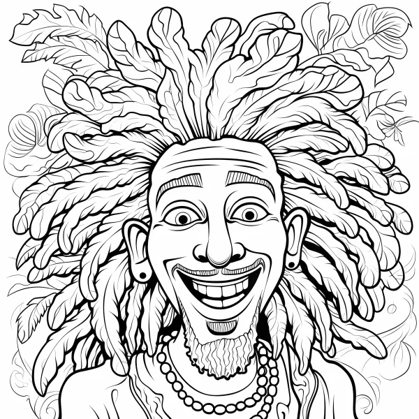 Hippie-style man with leaf dreadlocks, bohemian and cartoon style — free printable bohemian coloring book page