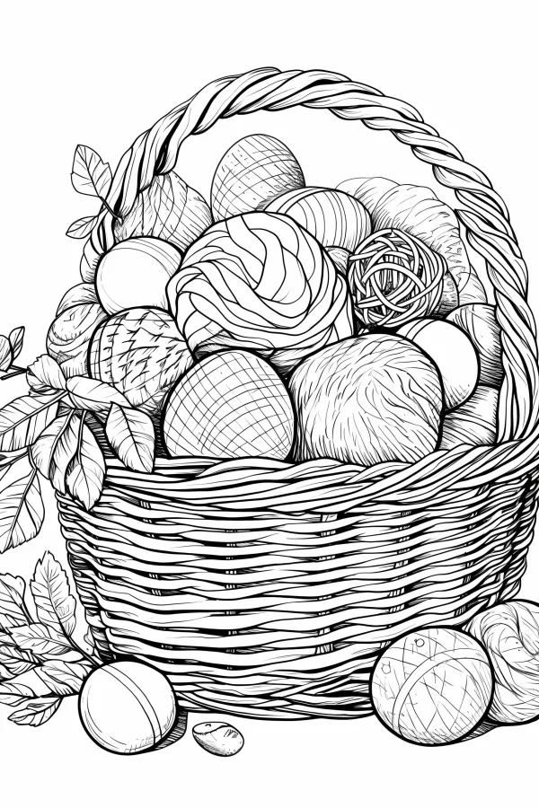 Woven basket filled with various textured yarn balls, surrounded by leafy branches and small stones — free printable handmade coloring book page