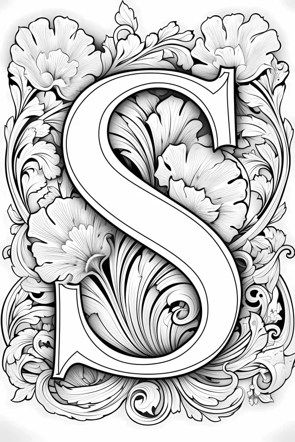 Decorative art style letter s, surrounded by intricate floral and vine scroll patterns — free printable letter creativity coloring book page