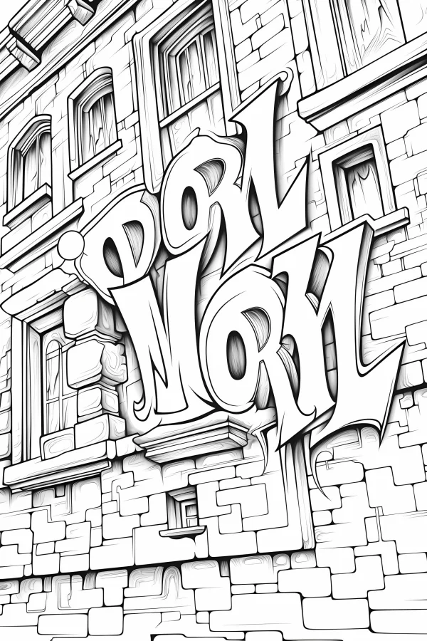 Graffiti text 'drl mcr' on stone brick building wall with multiple windows, street art graffiti style — free printable graffiti coloring book page
