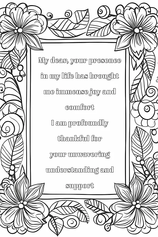 Gratitude text frame surrounded by intricate floral and leaf patterns, illustration style — free printable thanksgiving coloring book page