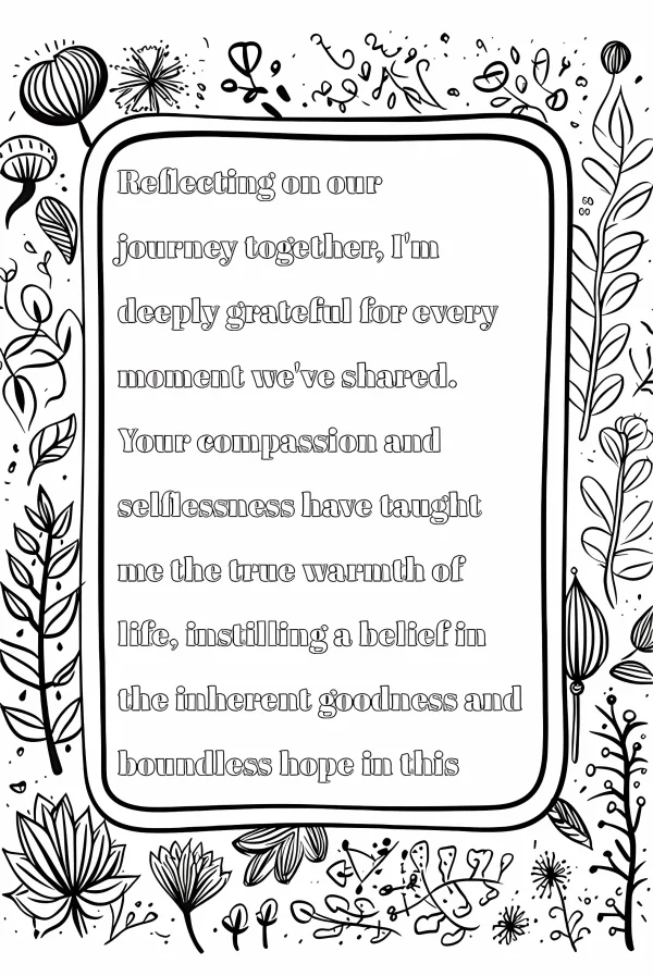 Gratitude text box surrounded by floral and leaf vine patterns, minimalist line art style — free printable gratitude coloring book page