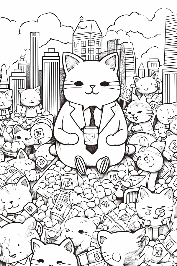Anthropomorphic fat cat in business suit holding coffee cup with heart, surrounded by many cute cats — free printable work coloring book page