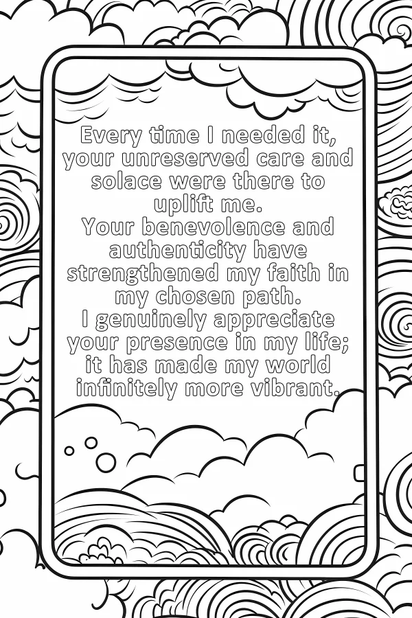 Gratitude text box with abstract wave and swirl patterns, minimalist style — free printable gratitude coloring book page