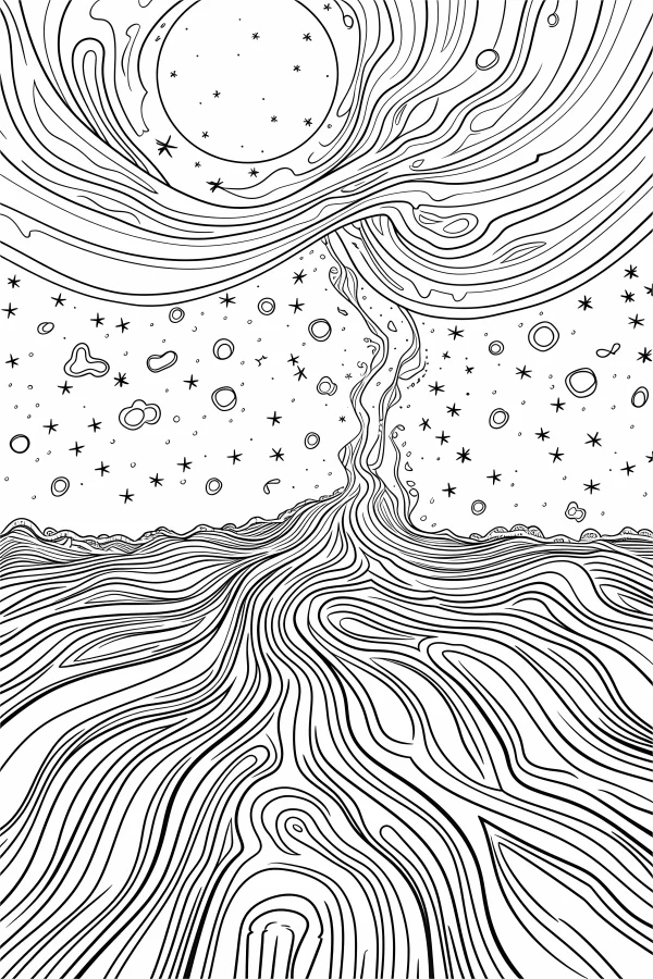 Abstract cosmic scene with flowing lines, fine smooth organic lines — free printable universe coloring book page