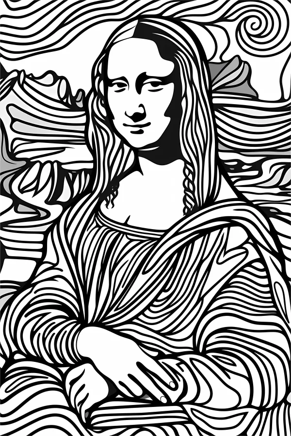 Line art style mona lisa portrait, abstract swirling line background — free printable euro-american culture coloring book page